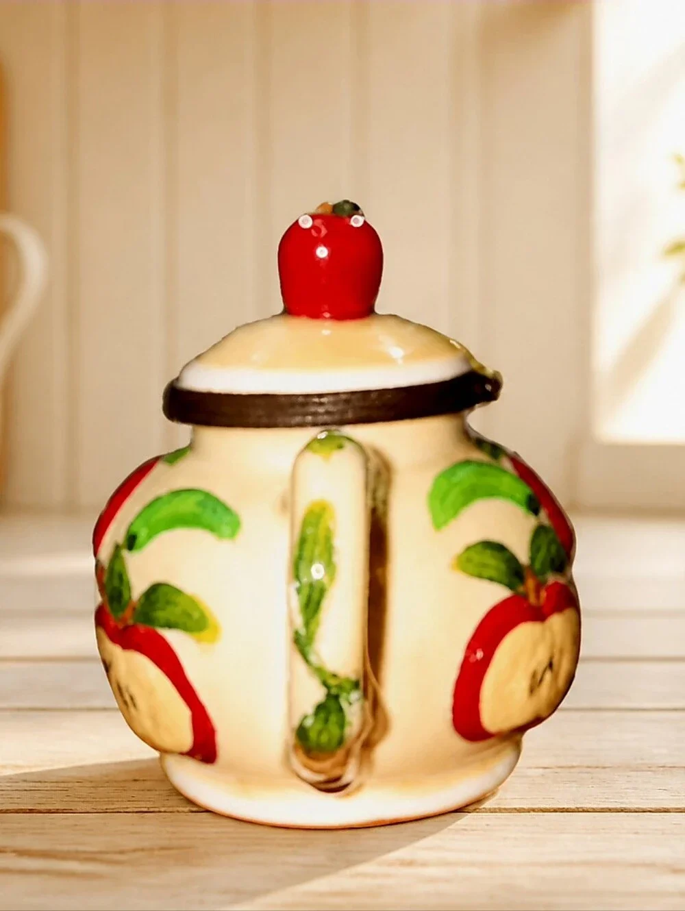 Miniature Hand-Painted Apple Teapot Hinged Trinket Box